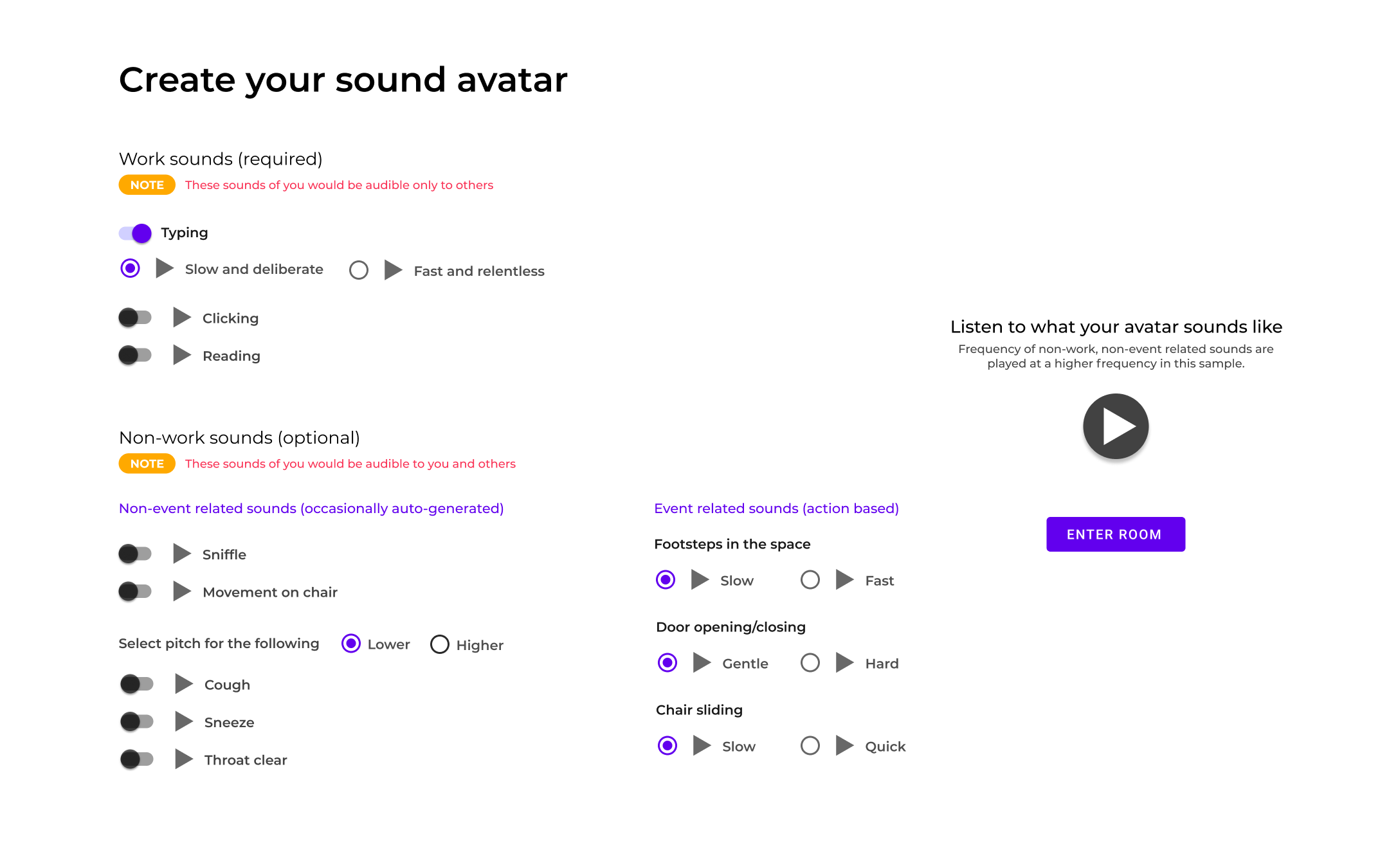 Sound avatar creation interface with options for typing style, clicking, reading, and non-work sounds