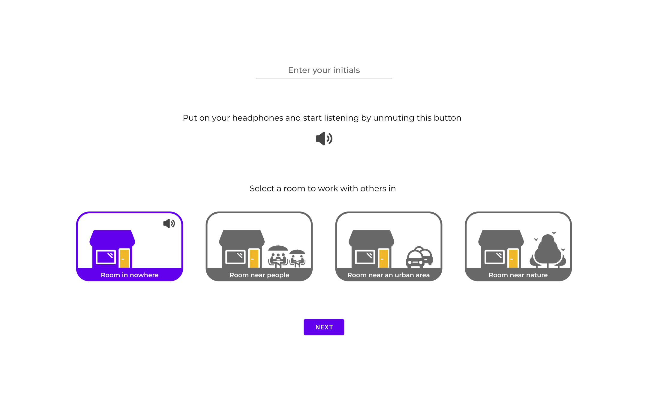 Room selection screen showing four environment options: nowhere, near people, urban area, and nature