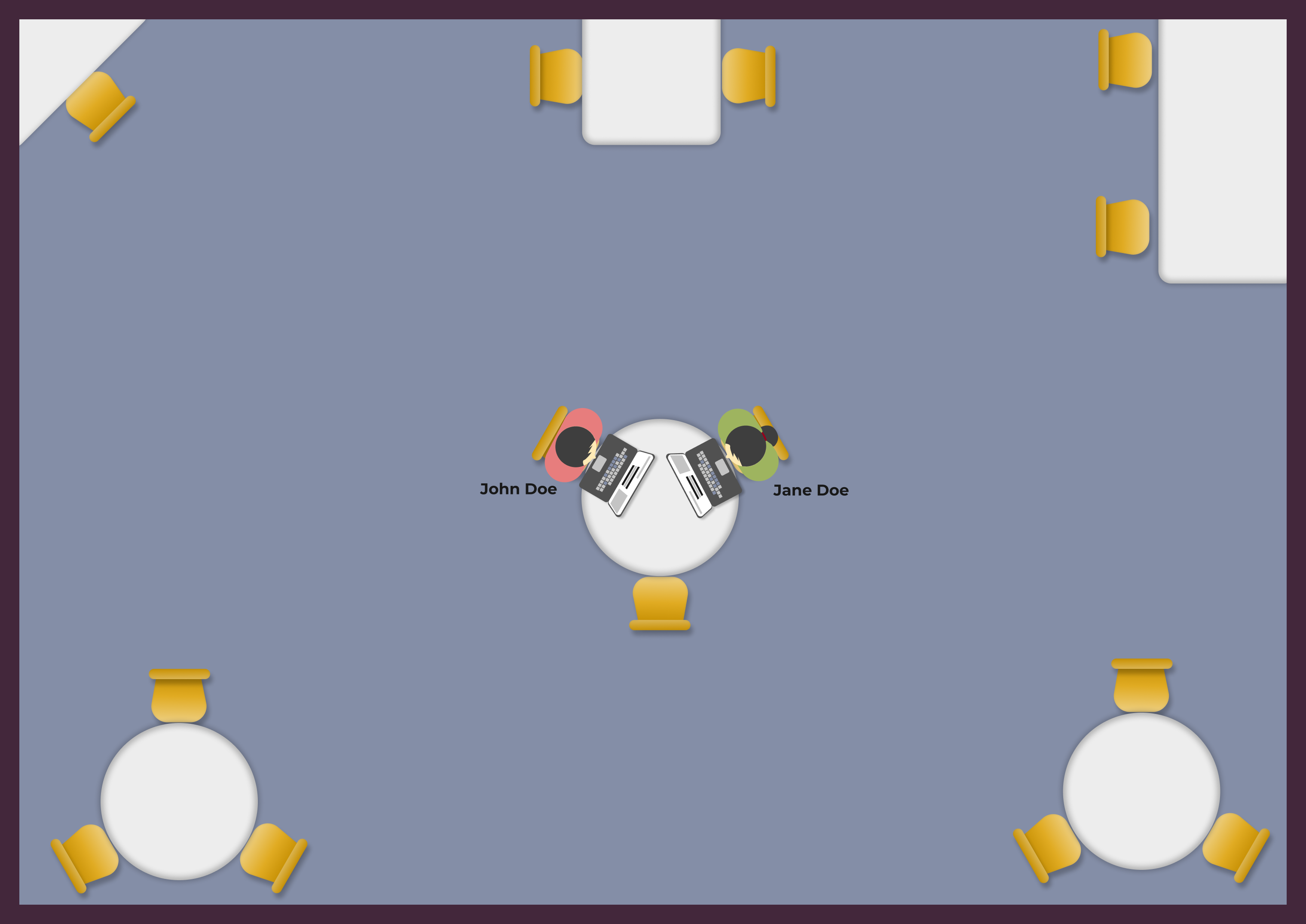 2D floorplan showing tables with users John Doe and Jane Doe seated at a circular table