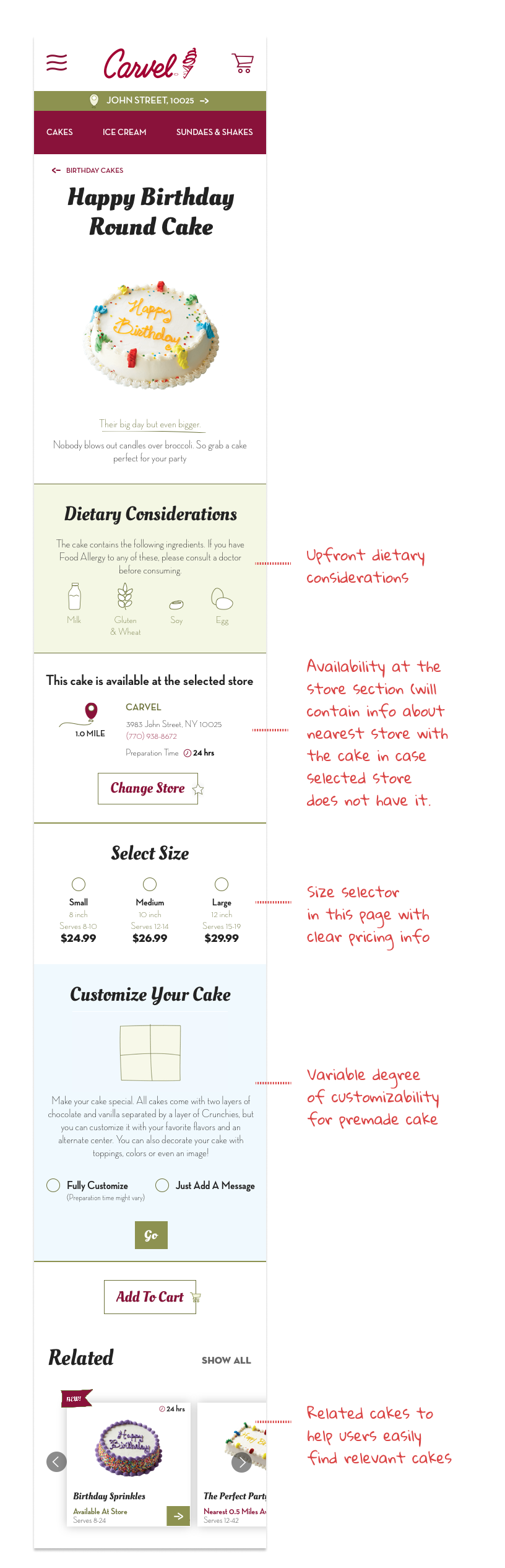 Cake details page with availability and customization options