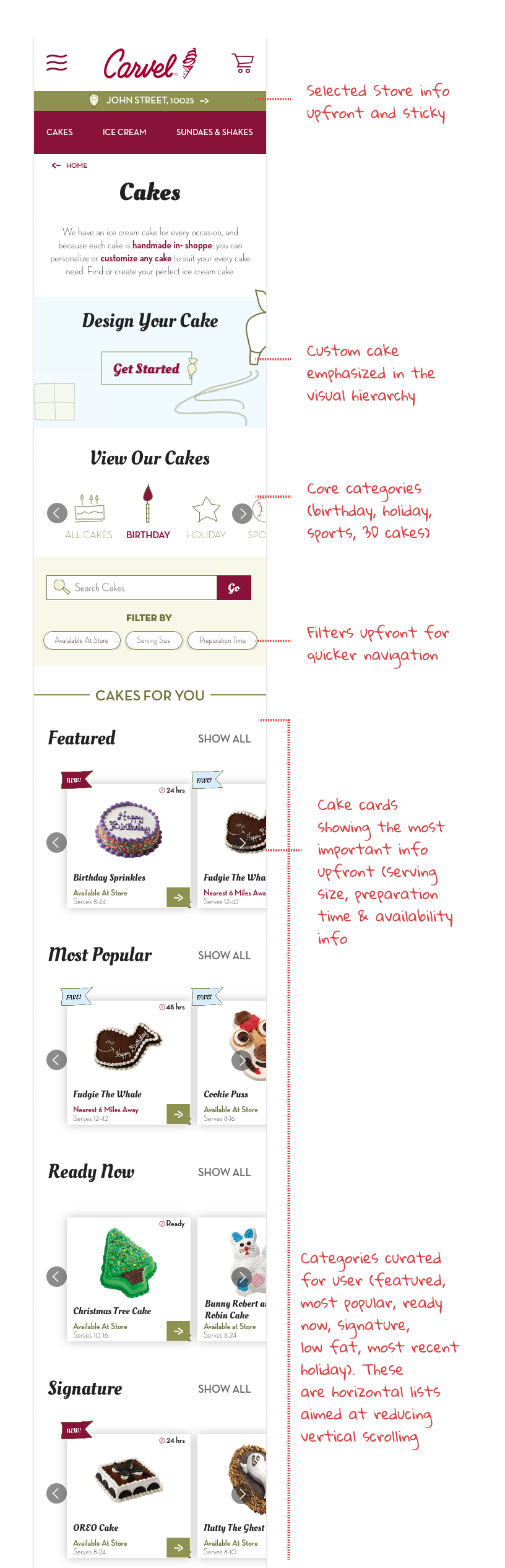 Cakes landing page with annotated design decisions