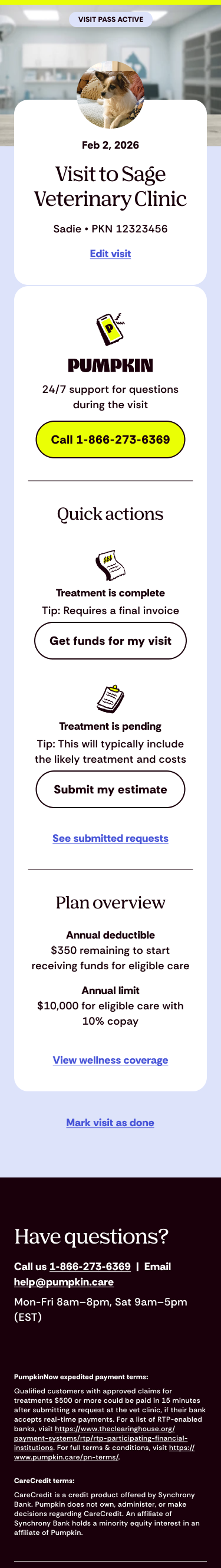 Pumpkin Visit Pass — coverage and visit details for a pet's upcoming appointment
