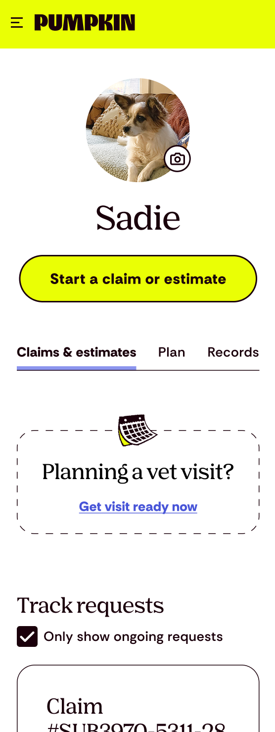 Claims & estimates tab with a Planning a vet visit? card linking to Get visit ready now