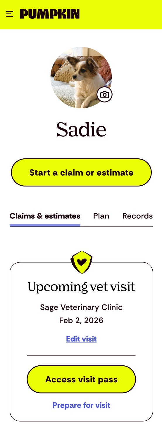 Claims & estimates tab with the Upcoming vet visit card showing Edit visit, Access visit pass, and Prepare for visit links