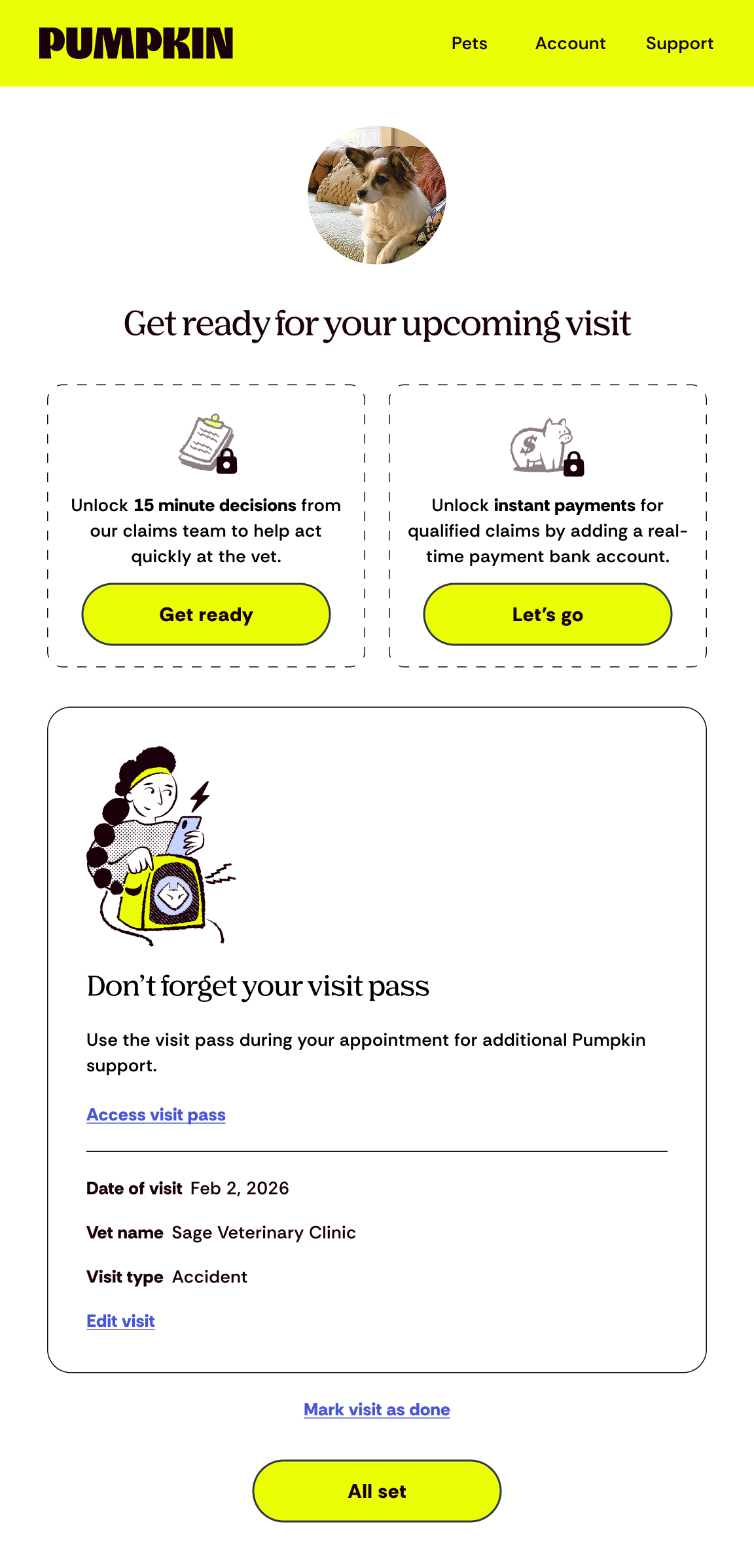 Get ready for your upcoming visit page with two readiness unlock cards (15-minute decisions and instant payments) and a Don't forget your visit pass section with appointment details