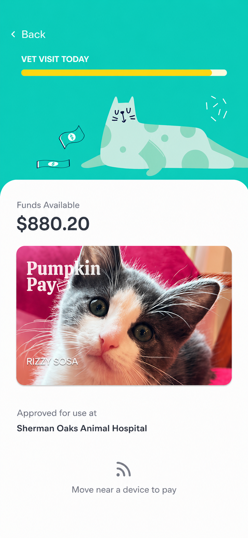 PumpkinPay card concept: a virtual payment card branded with a customer's pet, showing funds available and approved-for-use details for the day's vet visit