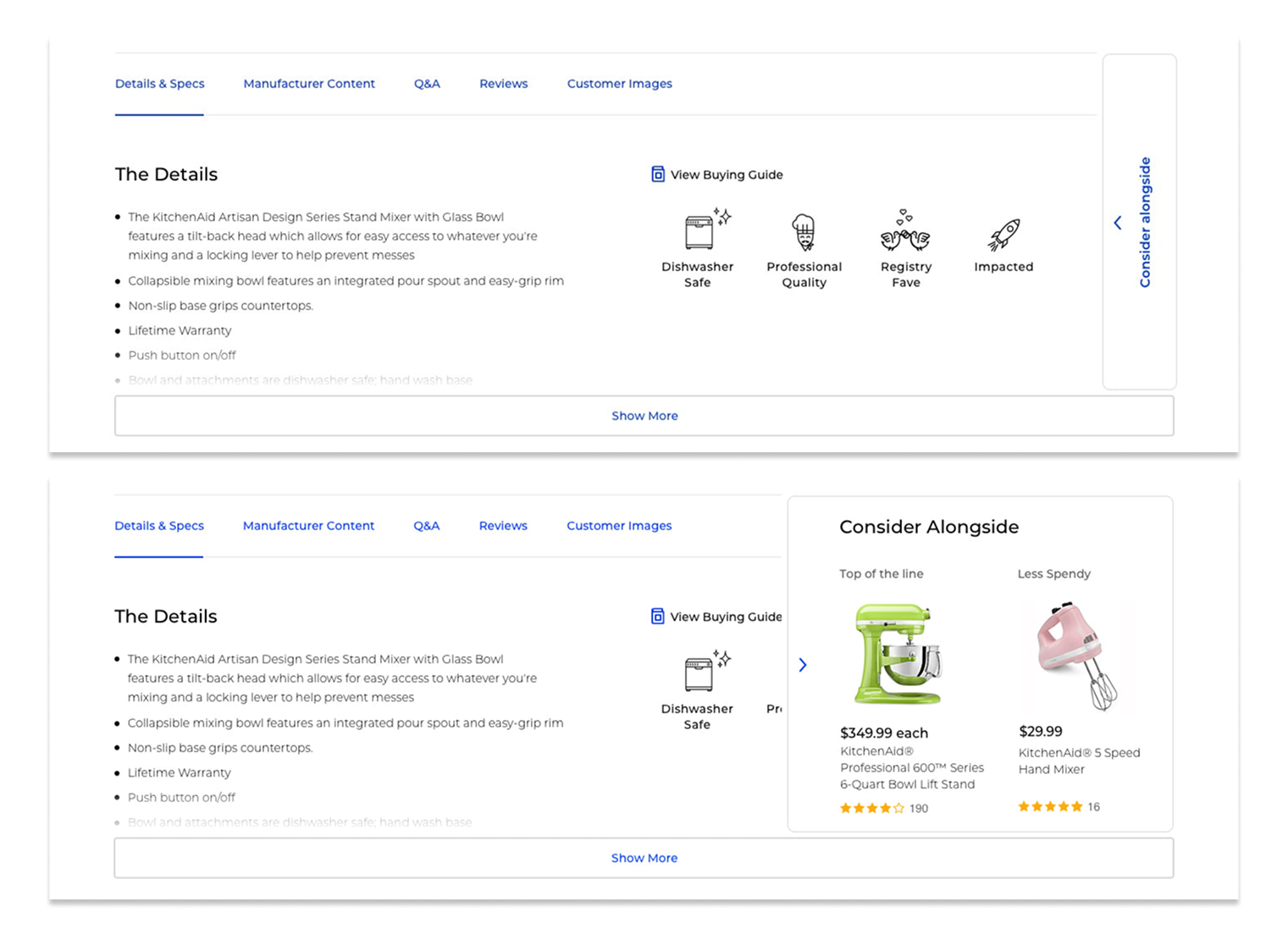 Consider Alongside panel showing alternative products at different price points