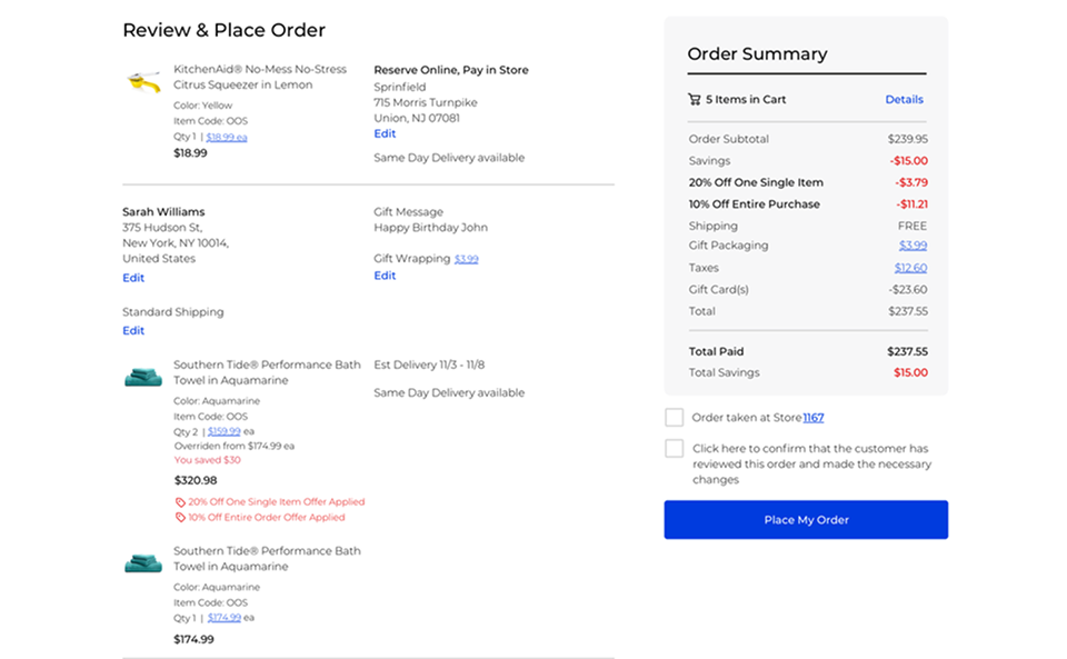 Order review screen with access to pricing tools