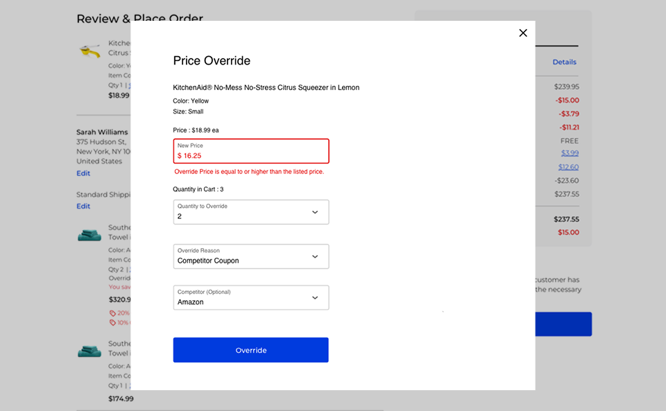 Override modal with competitor price match